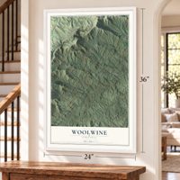 Woolwine, Virginia map, 24 x 36 inch print in a white frame by a staircase