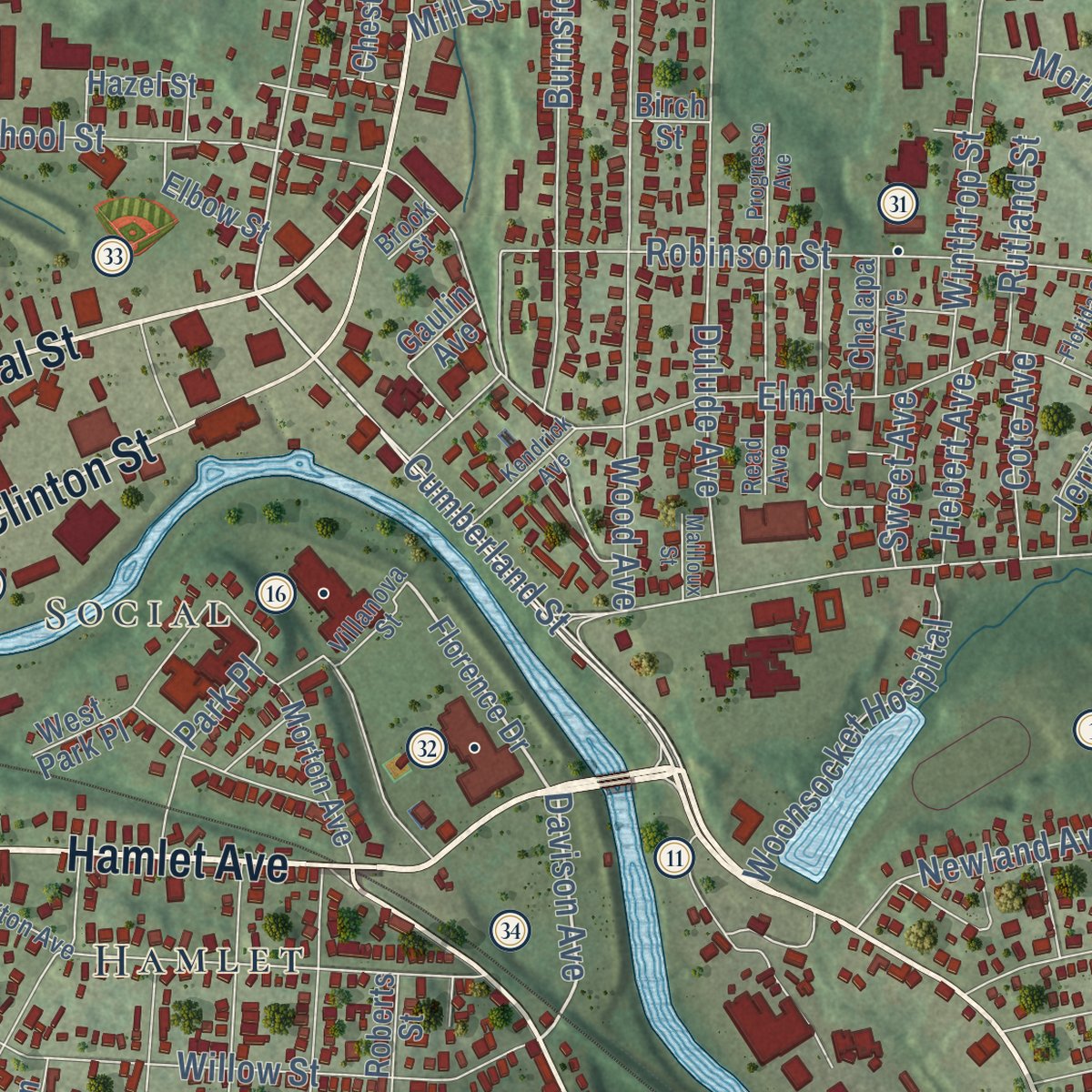 Second close-up of the map of Woonsocket, Rhode Island print showing more streets and buildings