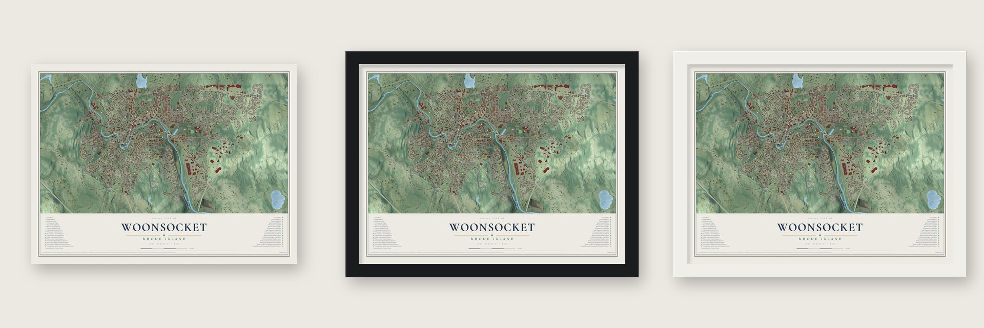 Woonsocket, Rhode Island map unframed, in a black wood frame and in a white wood frame
