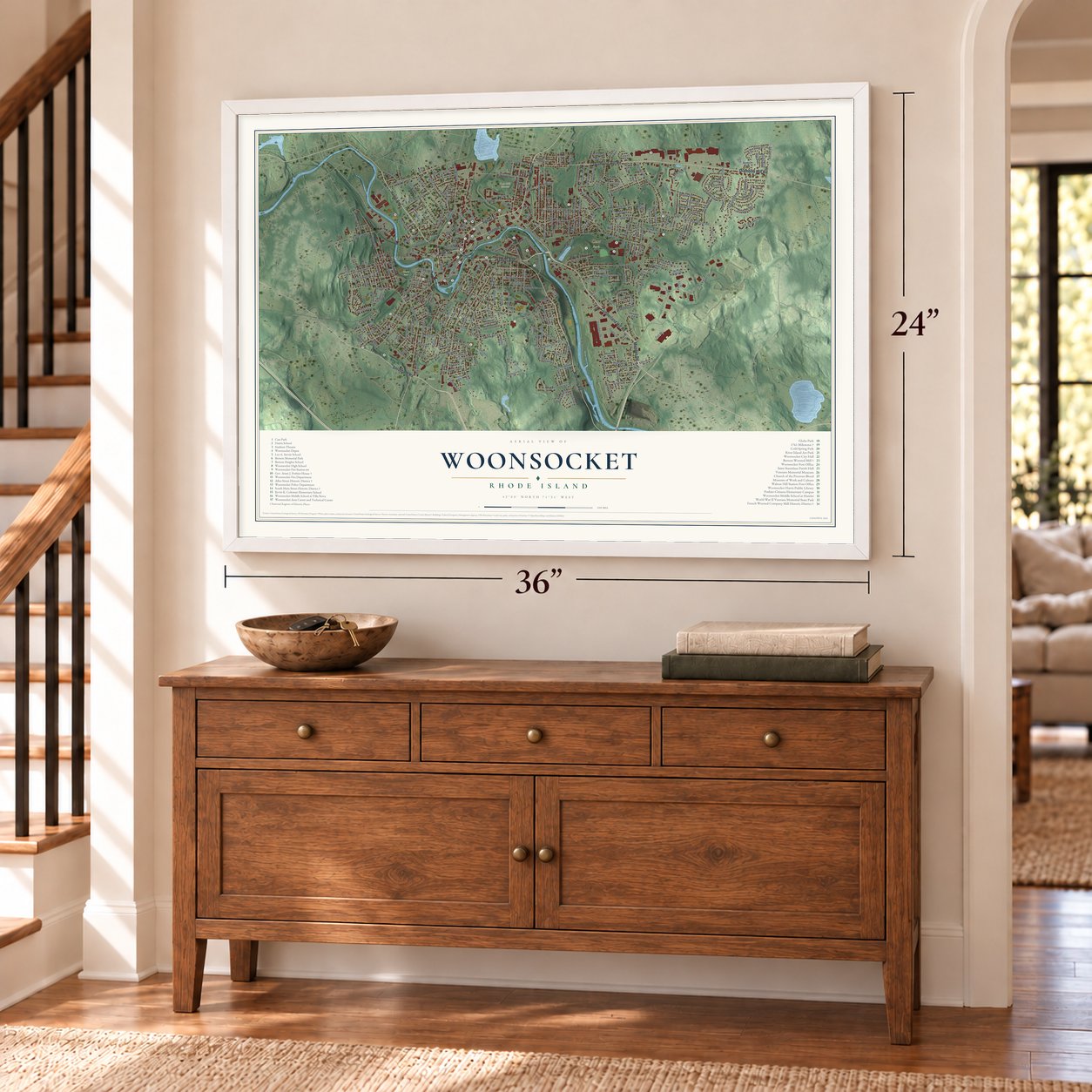 Woonsocket, Rhode Island map, 24 x 36 inch print in a white frame above a dresser by a staircase