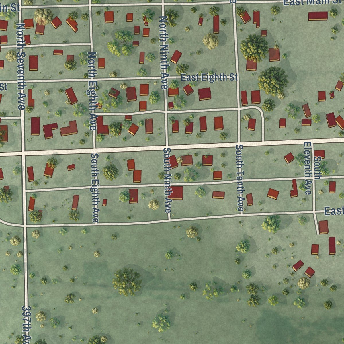 Second close-up of the map of Woonsocket, South Dakota print showing more streets and buildings
