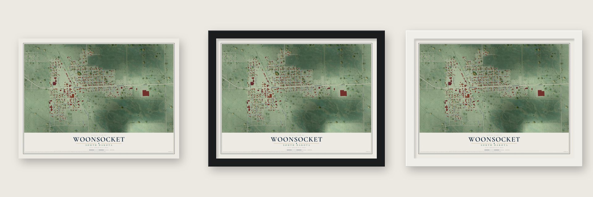 Woonsocket, South Dakota map unframed, in a black wood frame and in a white wood frame