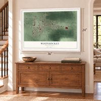 Woonsocket, South Dakota map, 24 x 36 inch print in a white frame above a dresser by a staircase