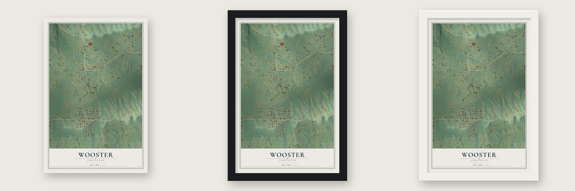 Wooster, Arkansas map unframed, in a black wood frame and in a white wood frame
