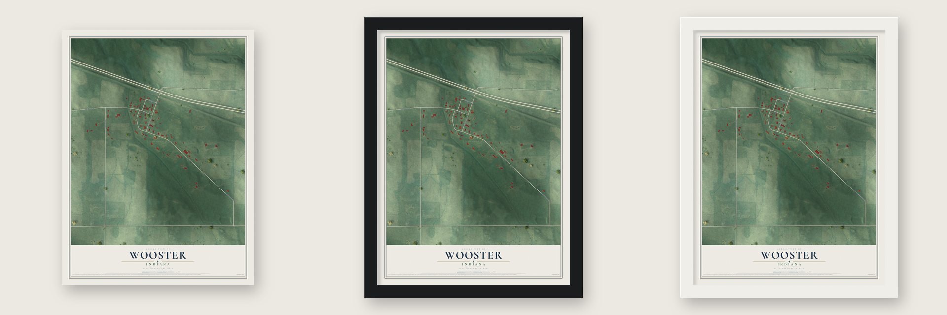 Wooster, Indiana map unframed, in a black wood frame and in a white wood frame