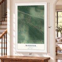 Wooster, Indiana map, 24 x 36 inch print in a white frame by a staircase