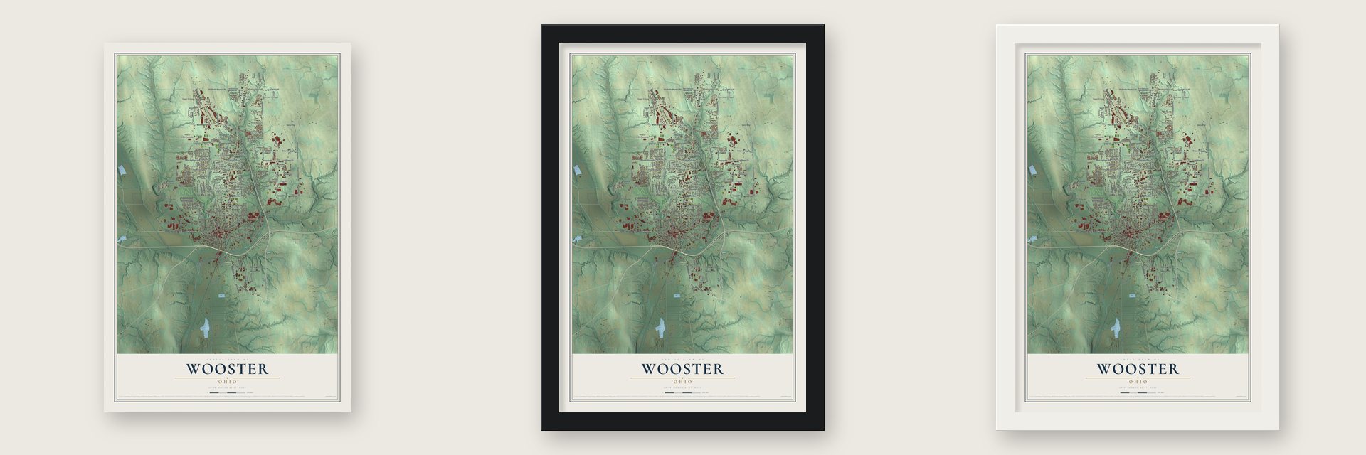 Wooster, Ohio map unframed, in a black wood frame and in a white wood frame