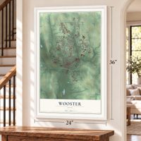 Wooster, Ohio map, 24 x 36 inch print in a white frame by a staircase