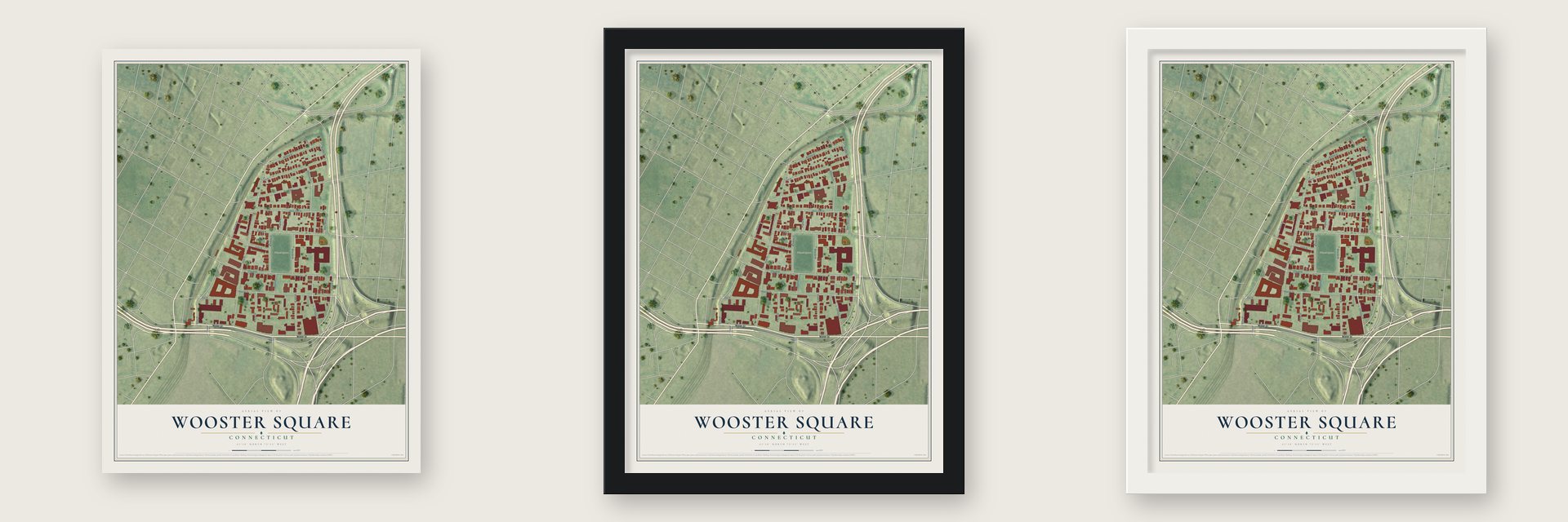 Wooster Square, Connecticut map unframed, in a black wood frame and in a white wood frame