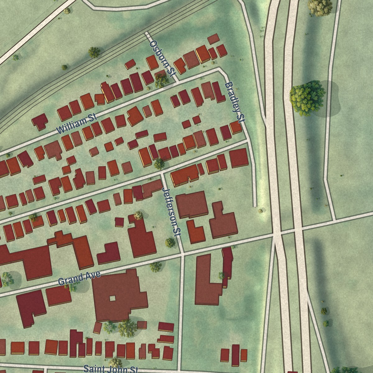 Second close-up of the map of Wooster Square, Connecticut print showing more streets and buildings