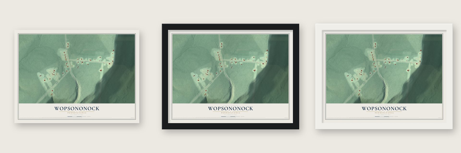 Wopsononock, Pennsylvania map unframed, in a black wood frame and in a white wood frame