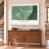 Wopsononock, Pennsylvania map, 24 x 36 inch print in a white frame above a dresser by a staircase