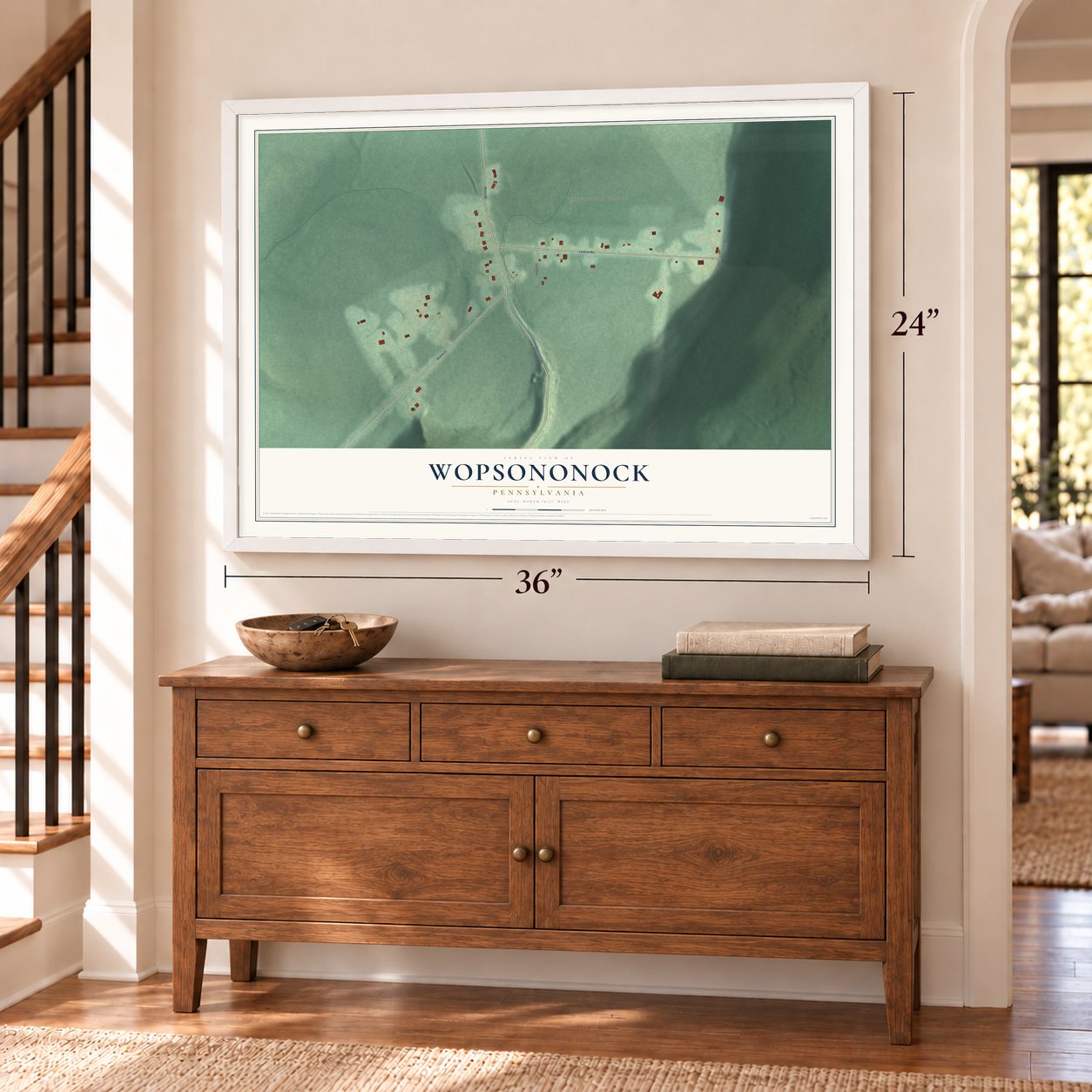Wopsononock, Pennsylvania map, 24 x 36 inch print in a white frame above a dresser by a staircase
