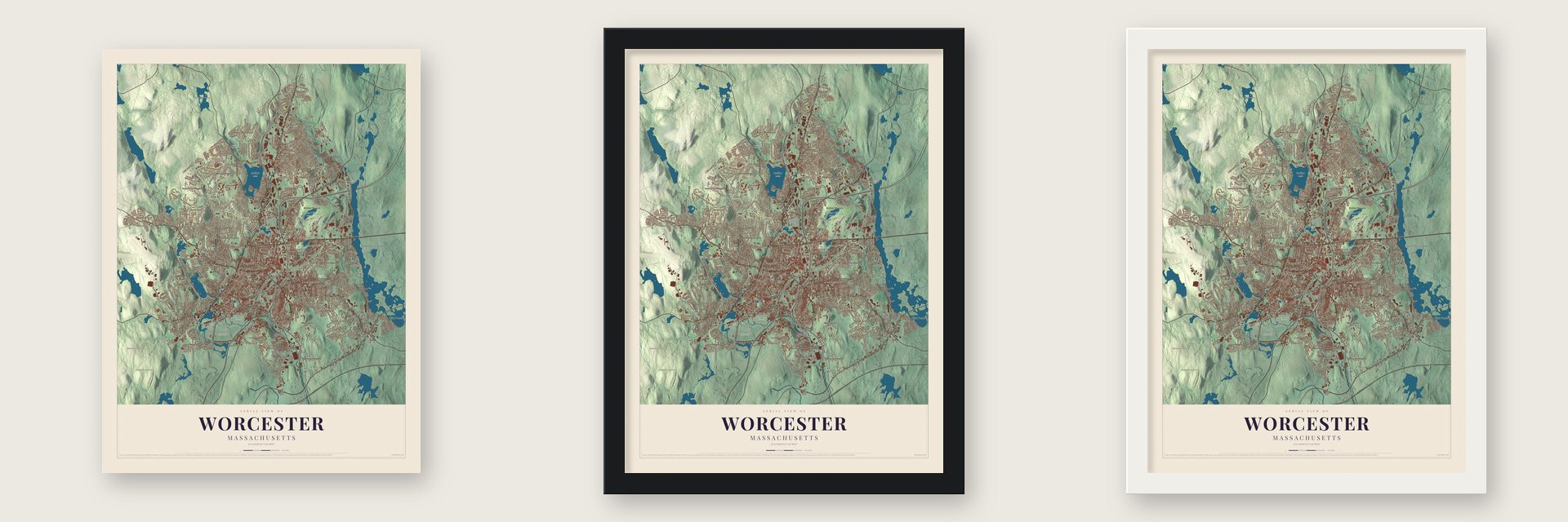 Worcester, Massachusetts map unframed, in a black wood frame and in a white wood frame