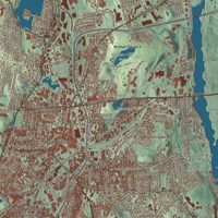 Close-up of the map of Worcester, Massachusetts print showing terrain and local geography