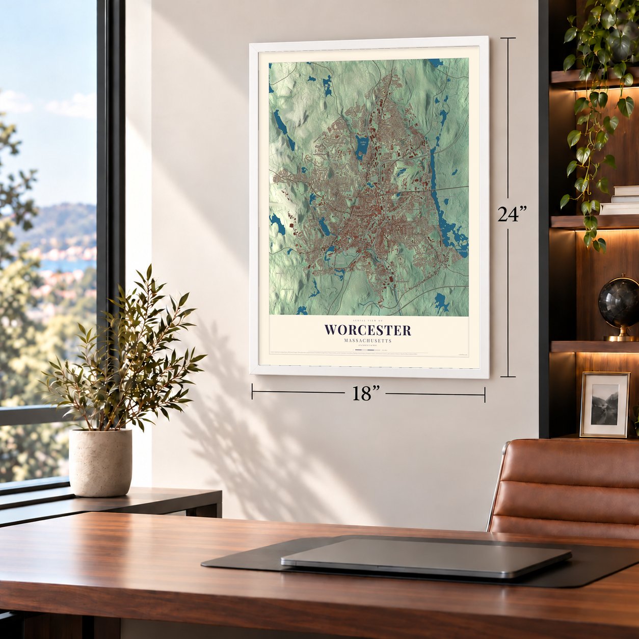 Worcester, Massachusetts map, 18 x 24 inch print in a white frame in a home office