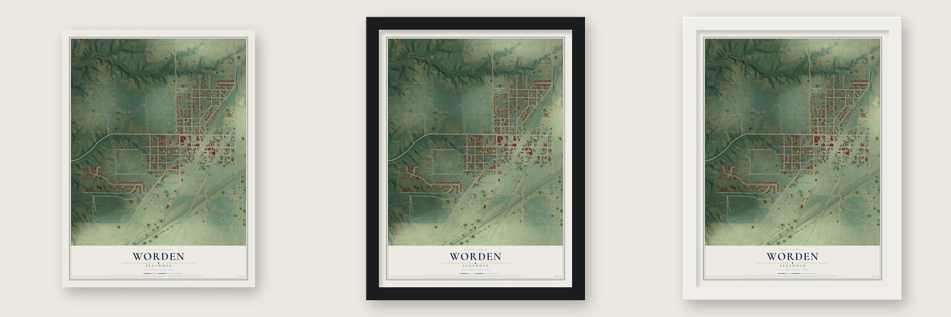 Worden, Illinois map unframed, in a black wood frame and in a white wood frame