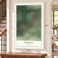 Worden, Illinois map, 24 x 36 inch print in a white frame by a staircase