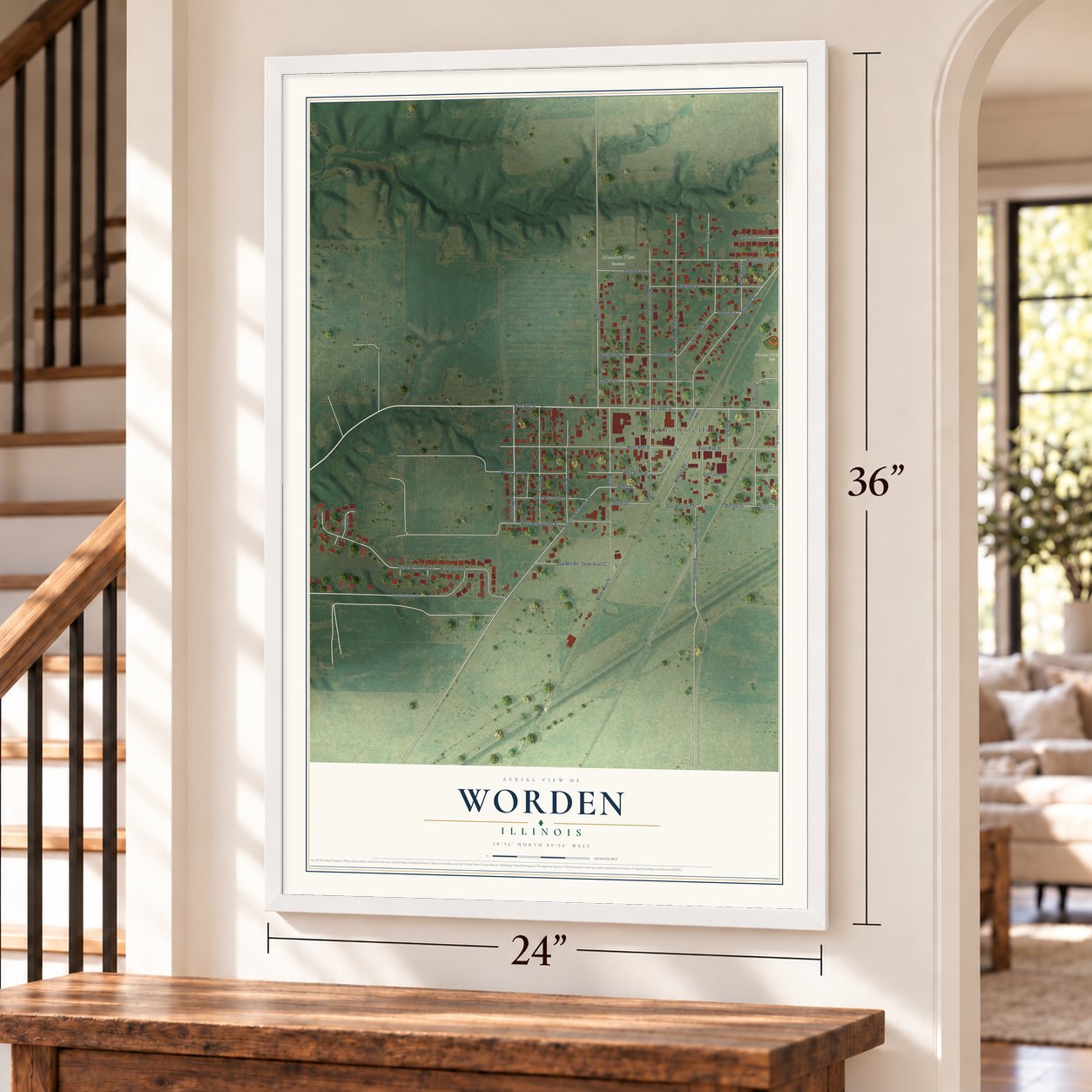 Worden, Illinois map, 24 x 36 inch print in a white frame by a staircase