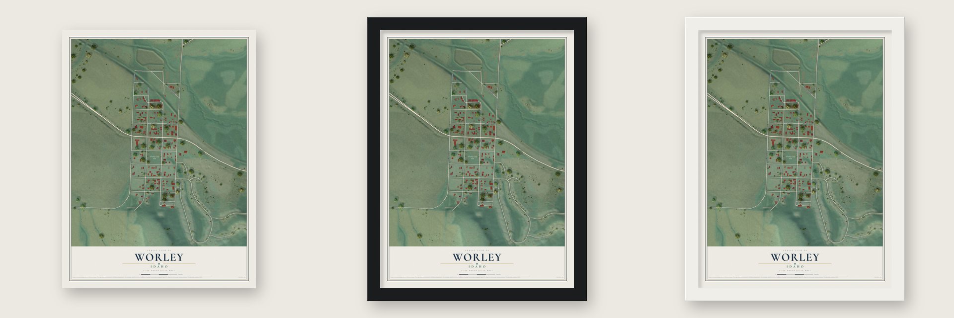 Worley, Idaho map unframed, in a black wood frame and in a white wood frame
