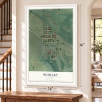 Worley, Idaho map, 24 x 36 inch print in a white frame by a staircase
