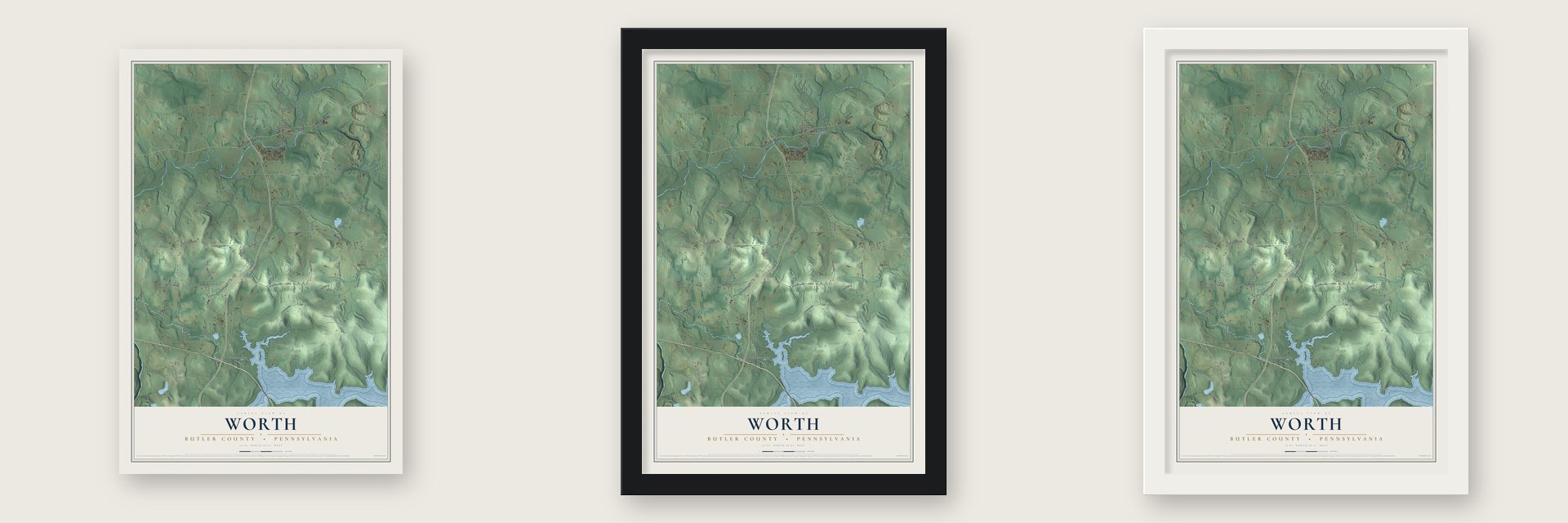 Worth, Butler County, Pennsylvania map unframed, in a black wood frame and in a white wood frame
