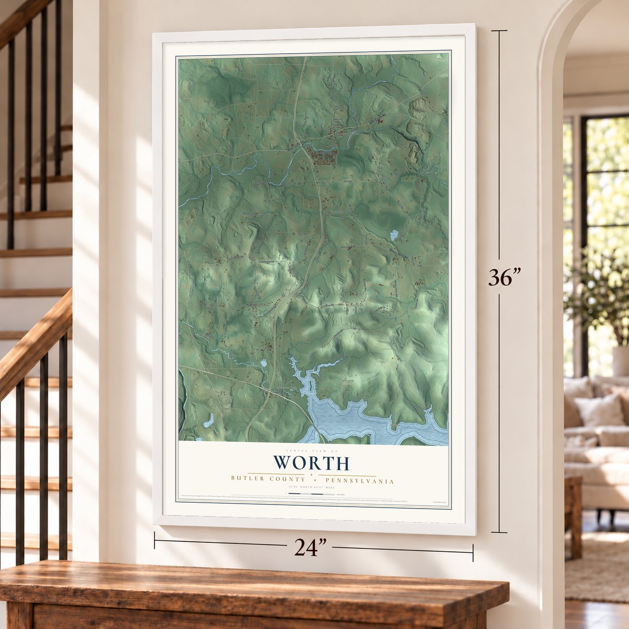 Worth, Butler County, Pennsylvania map, 24 x 36 inch print in a white frame by a staircase