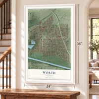 Worth, Illinois map, 24 x 36 inch print in a white frame by a staircase