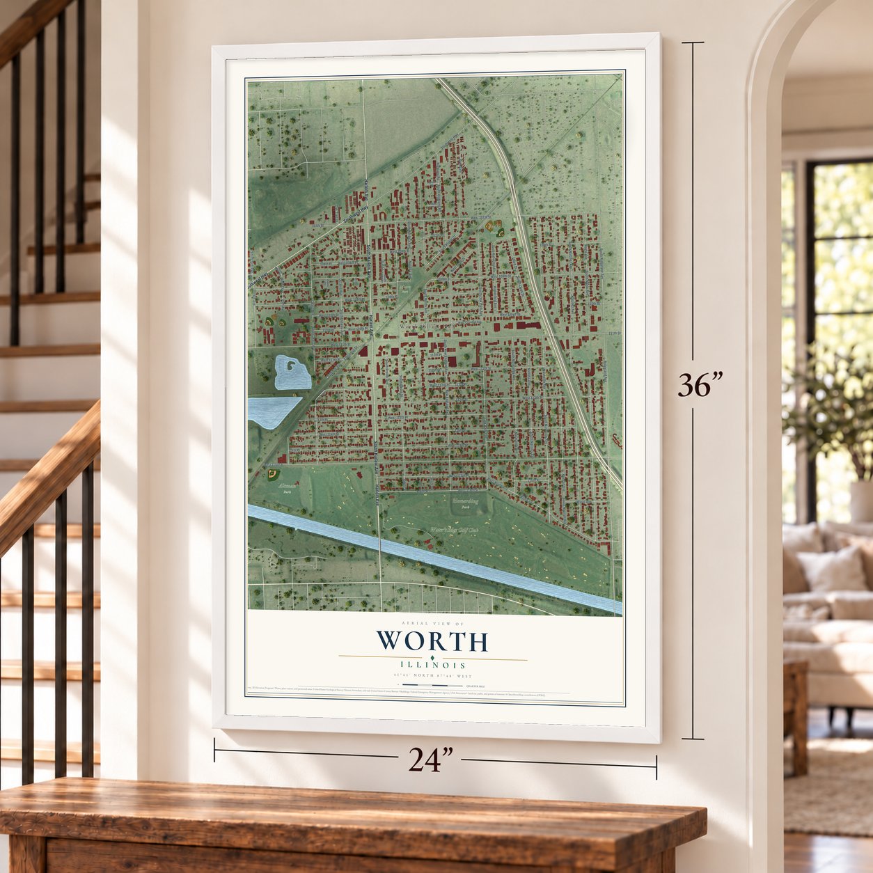Worth, Illinois map, 24 x 36 inch print in a white frame by a staircase