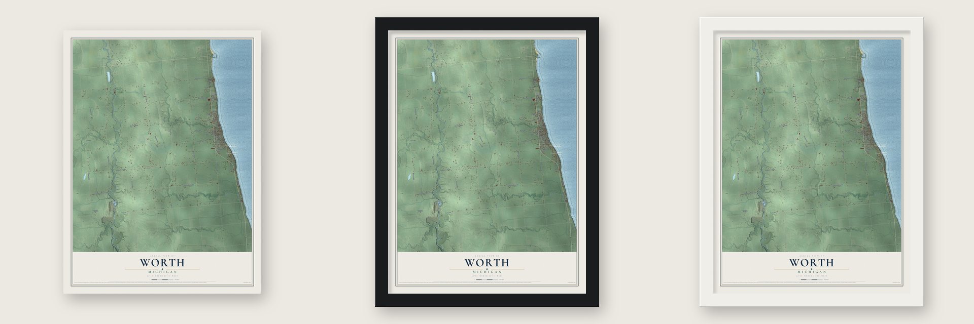 Worth, Michigan map unframed, in a black wood frame and in a white wood frame