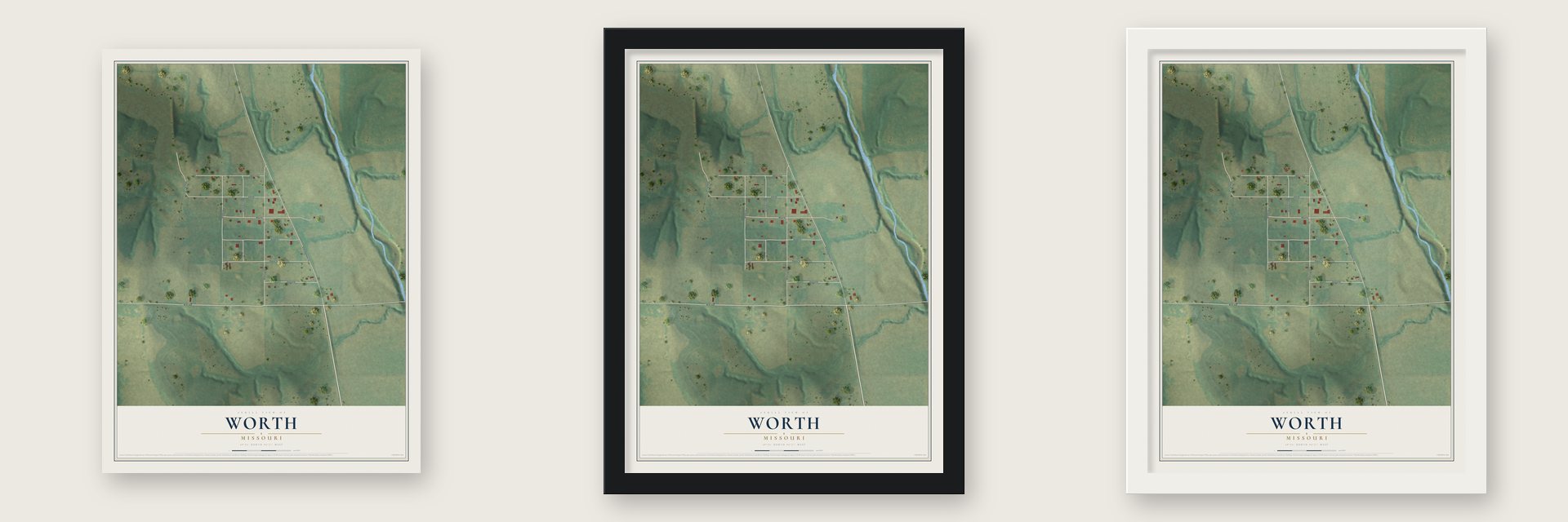 Worth, Missouri map unframed, in a black wood frame and in a white wood frame