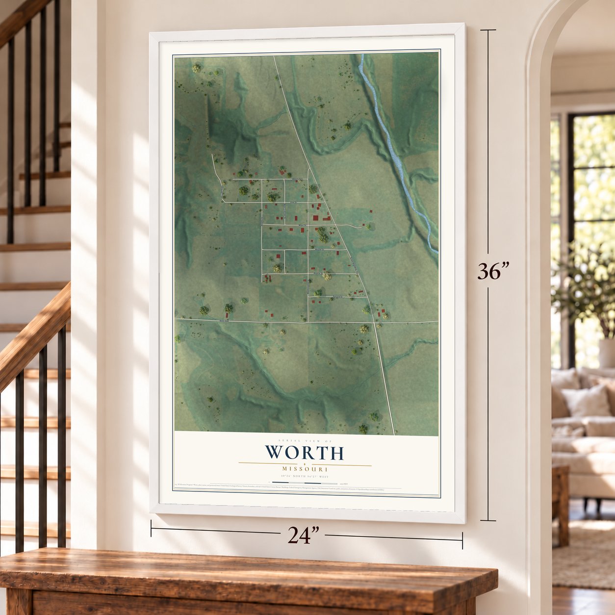 Worth, Missouri map, 24 x 36 inch print in a white frame by a staircase