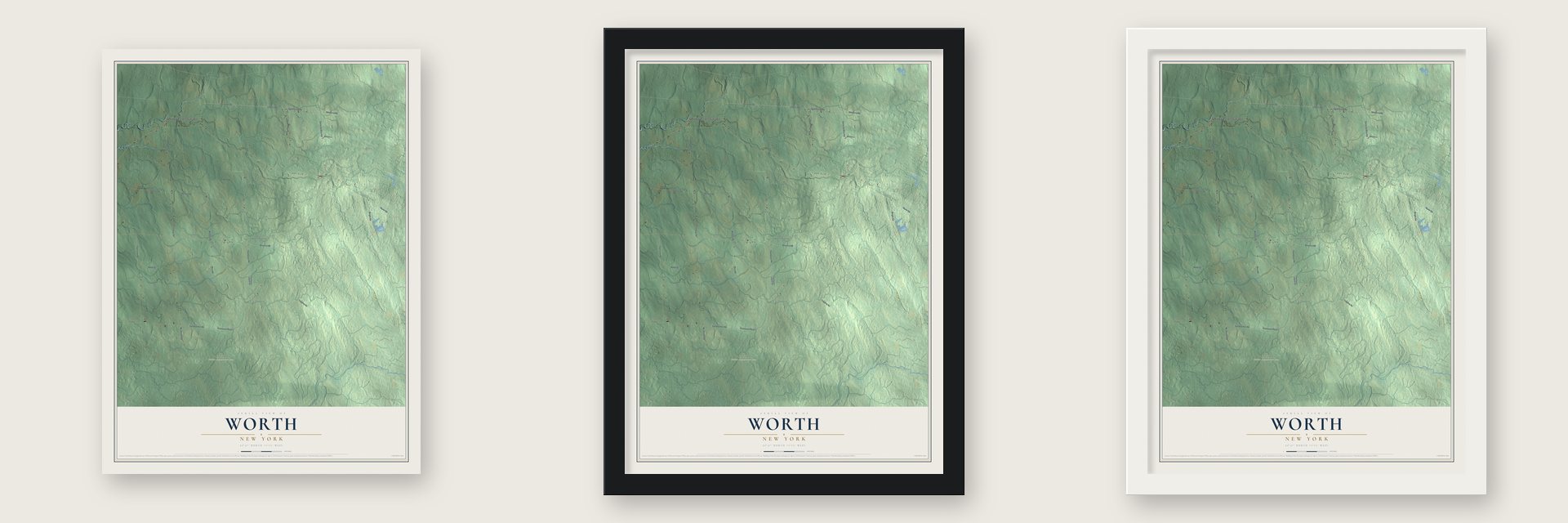 Worth, New York map unframed, in a black wood frame and in a white wood frame