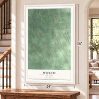 Worth, New York map, 24 x 36 inch print in a white frame by a staircase