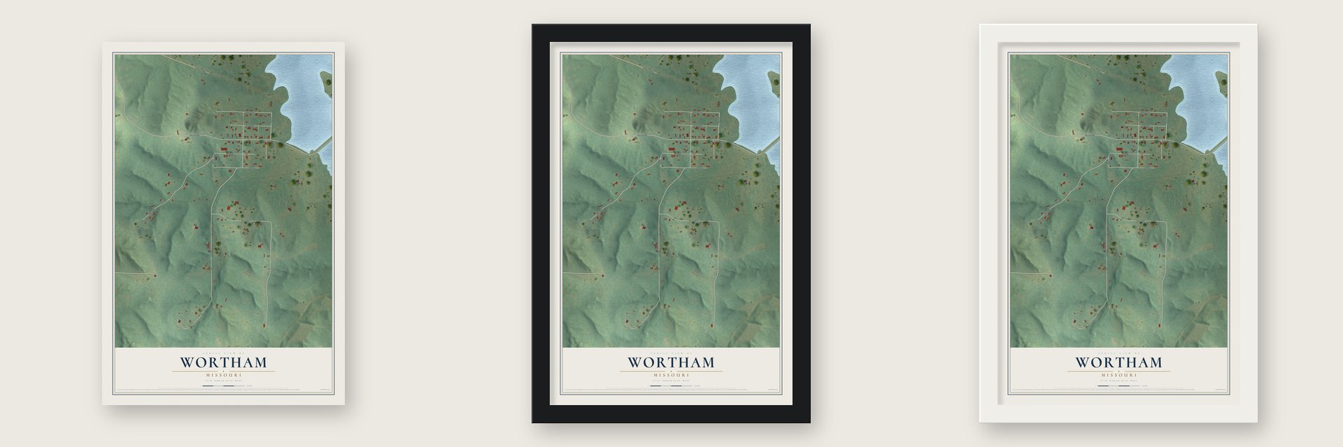 Wortham, Missouri map unframed, in a black wood frame and in a white wood frame