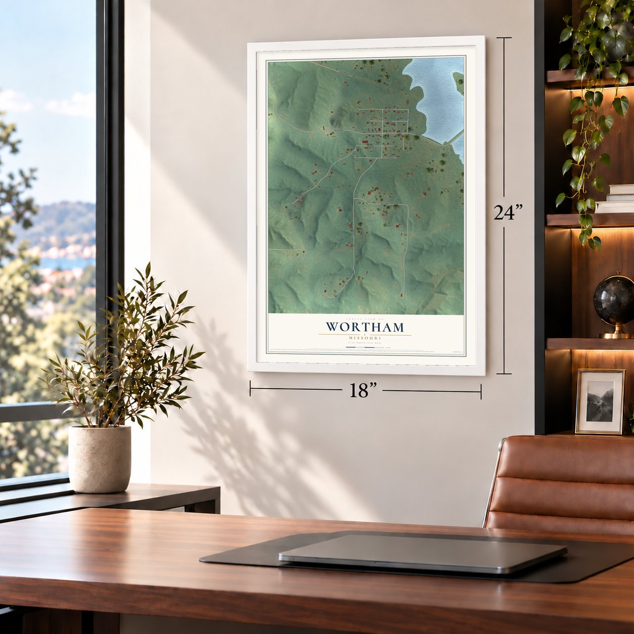 Wortham, Missouri map, 18 x 24 inch print in a white frame in a home office