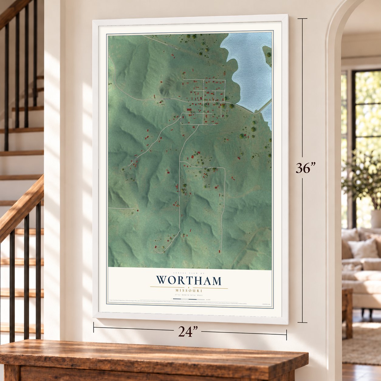 Wortham, Missouri map, 24 x 36 inch print in a white frame by a staircase