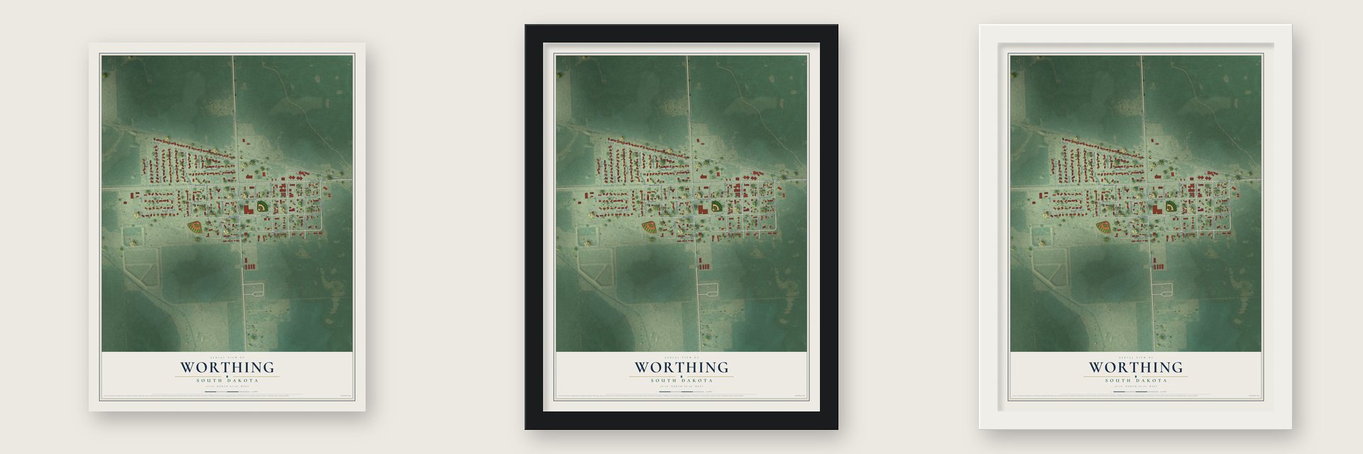 Worthing, South Dakota map unframed, in a black wood frame and in a white wood frame