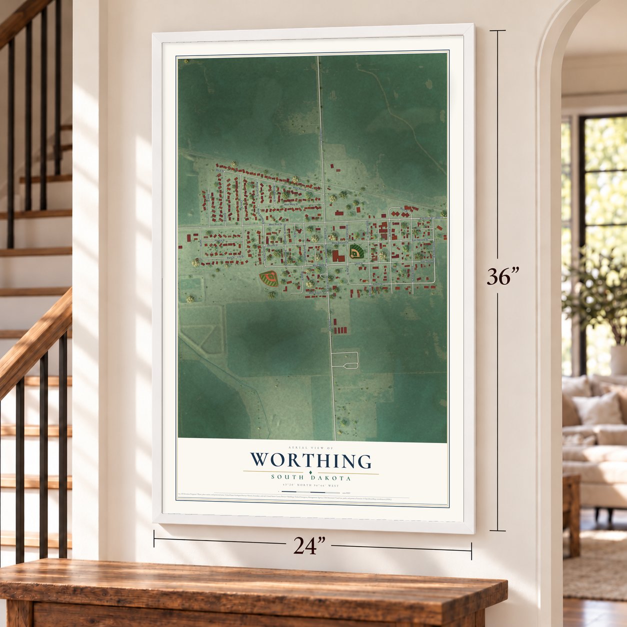 Worthing, South Dakota map, 24 x 36 inch print in a white frame by a staircase
