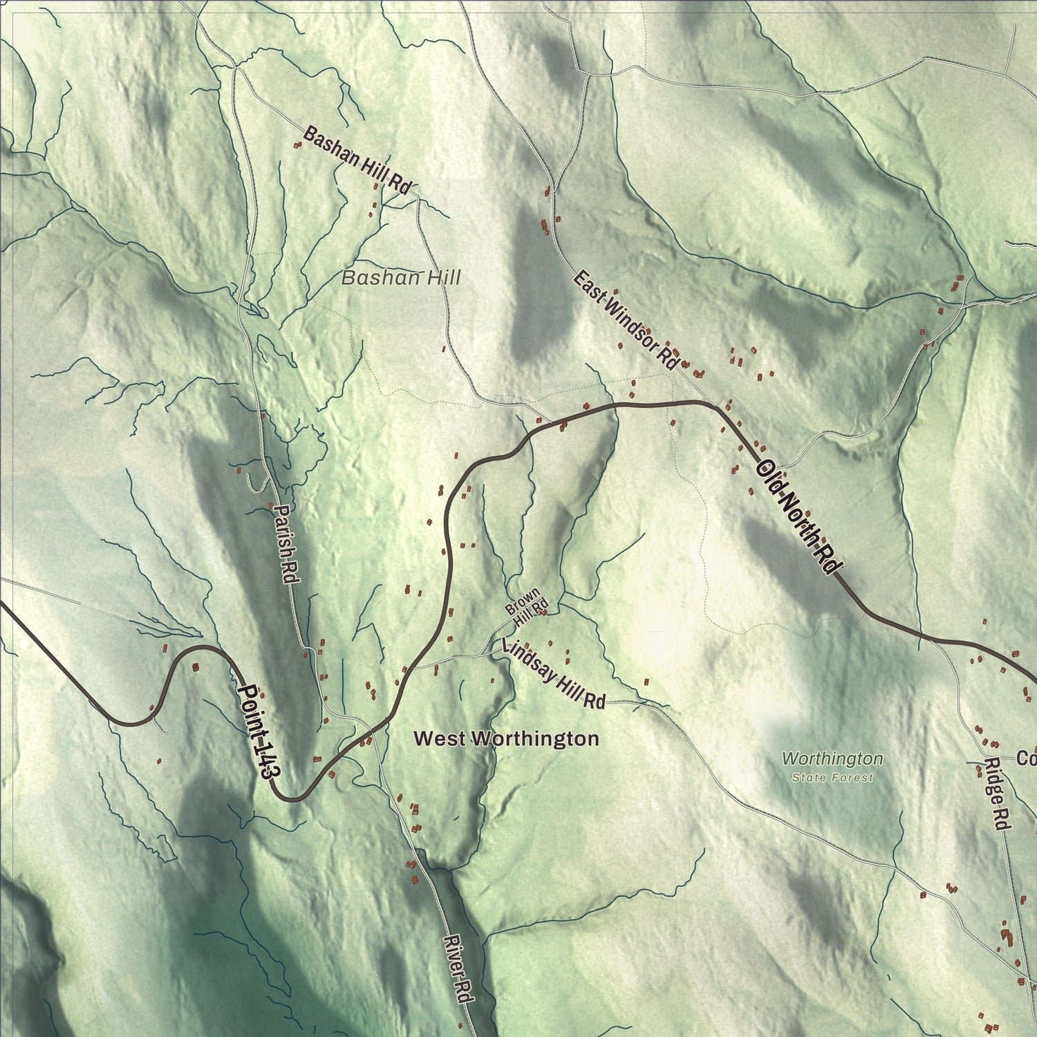 Close-up of the map of Worthington, Massachusetts print showing terrain and local geography