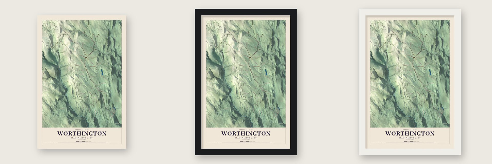 Worthington, Massachusetts map unframed, in a black wood frame and in a white wood frame
