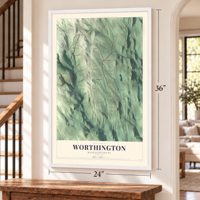 Worthington, Massachusetts map, 24 x 36 inch print in a white frame by a staircase