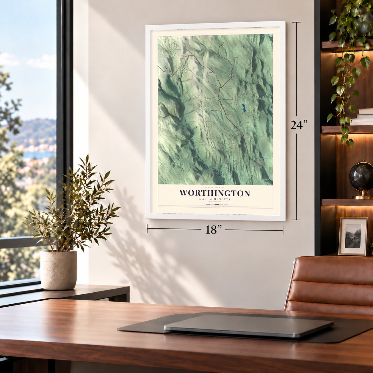 Worthington, Massachusetts map, 18 x 24 inch print in a white frame in a home office