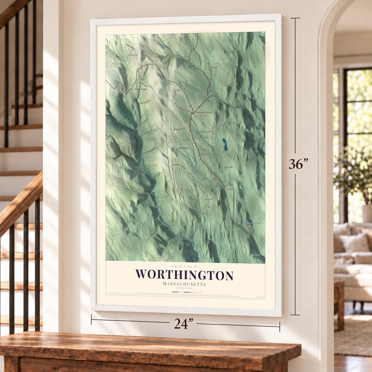 Worthington, Massachusetts map, 24 x 36 inch print in a white frame by a staircase
