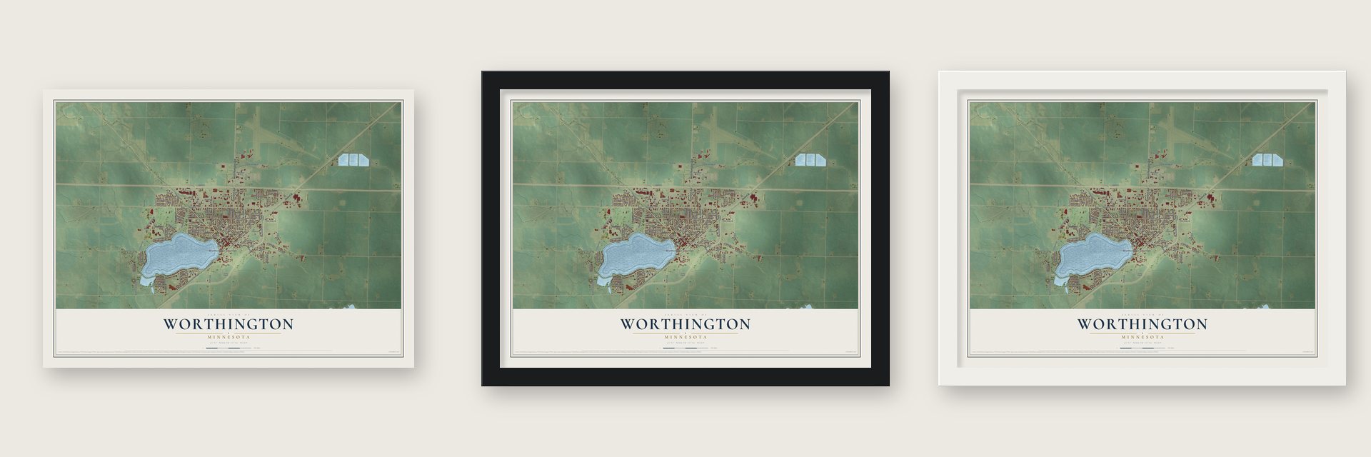 Worthington, Minnesota map unframed, in a black wood frame and in a white wood frame