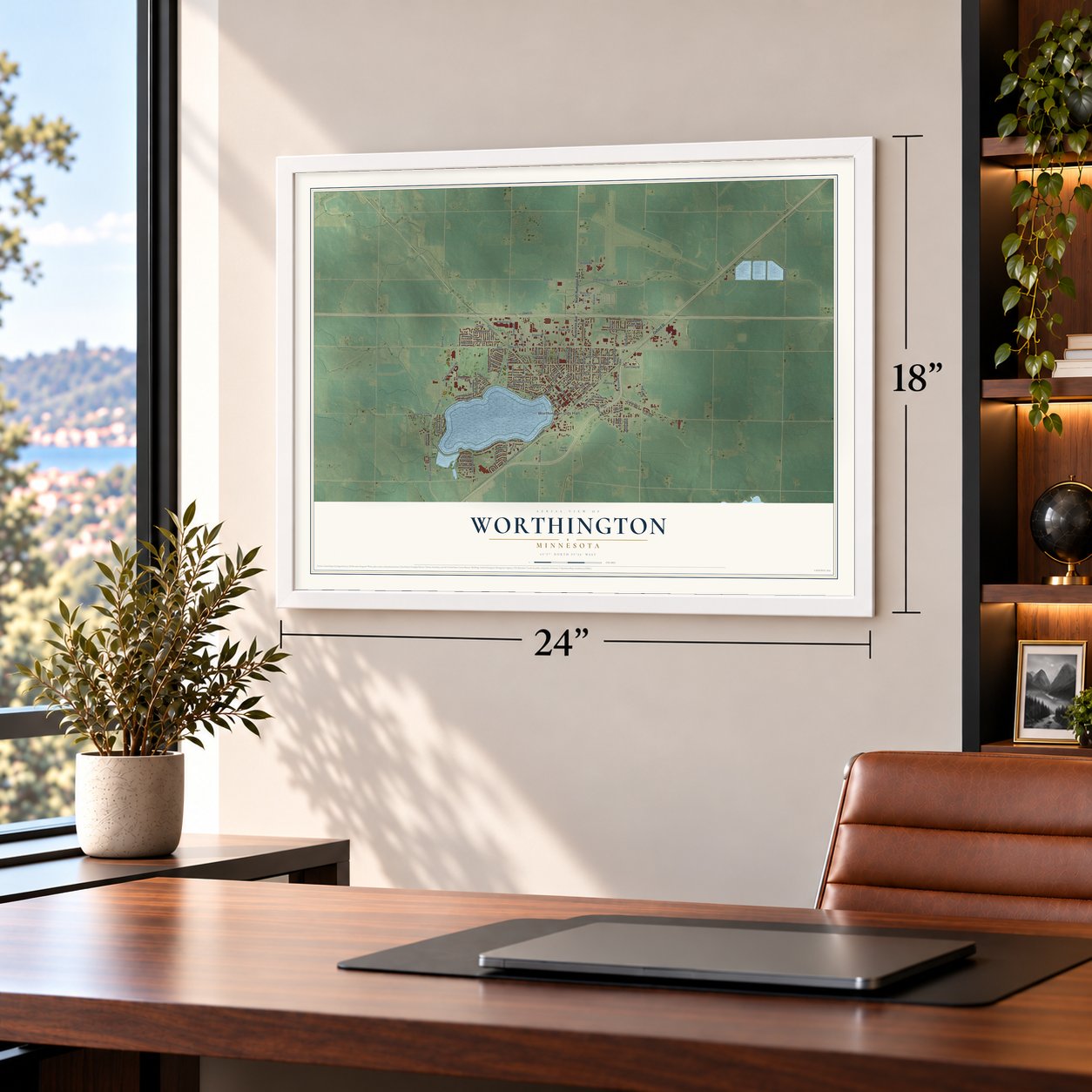 Worthington, Minnesota map, 18 x 24 inch print in a white frame in a home office