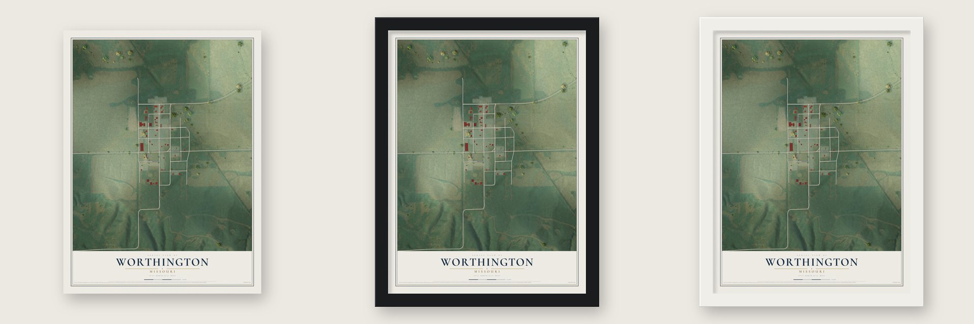 Worthington, Missouri map unframed, in a black wood frame and in a white wood frame
