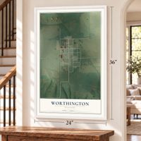 Worthington, Missouri map, 24 x 36 inch print in a white frame by a staircase