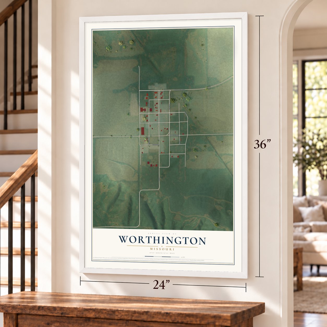 Worthington, Missouri map, 24 x 36 inch print in a white frame by a staircase