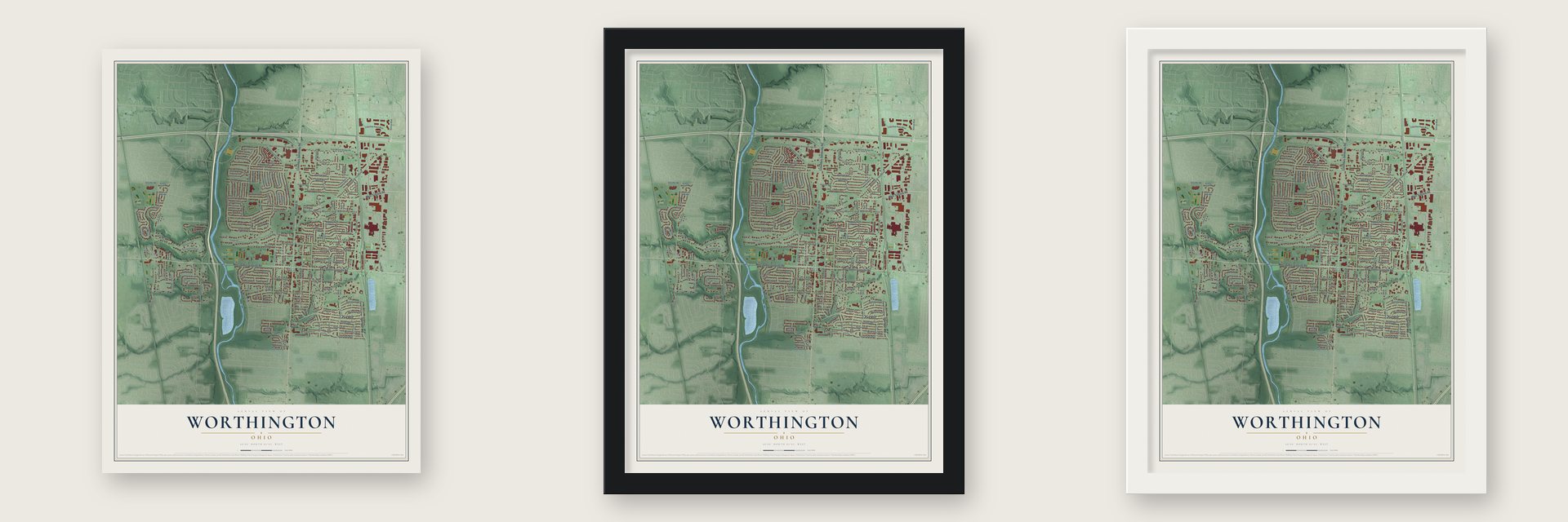 Worthington, Ohio map unframed, in a black wood frame and in a white wood frame